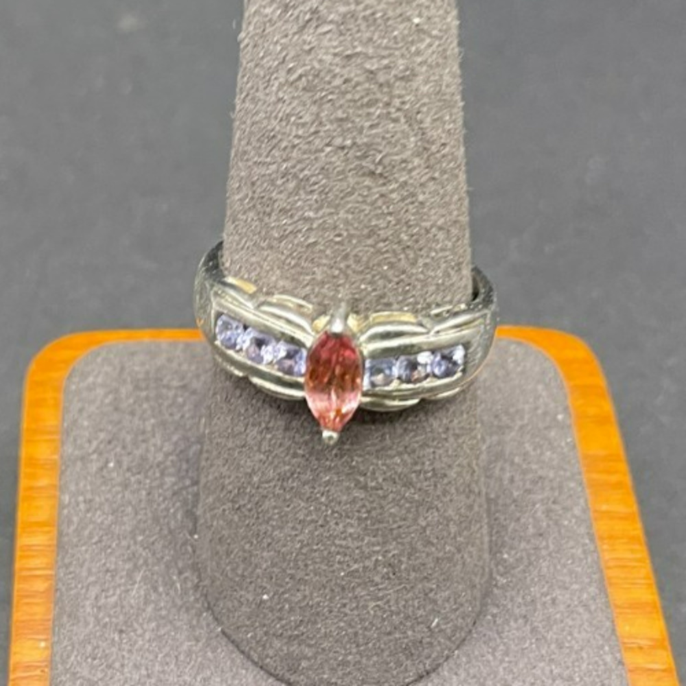 STS 925 Sterling Silver Pink Tourmaline Amethyst Marquise Accent Ring Size 9